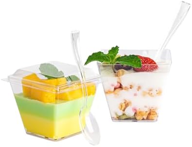 NZVCN 100 Piezas de Vasos Mini de Postre de 4 oz con Cucharas y Tapas, Bowls Transparentes Cuadrados para Aperitivos en Bodas y Fiestas - imagen 1