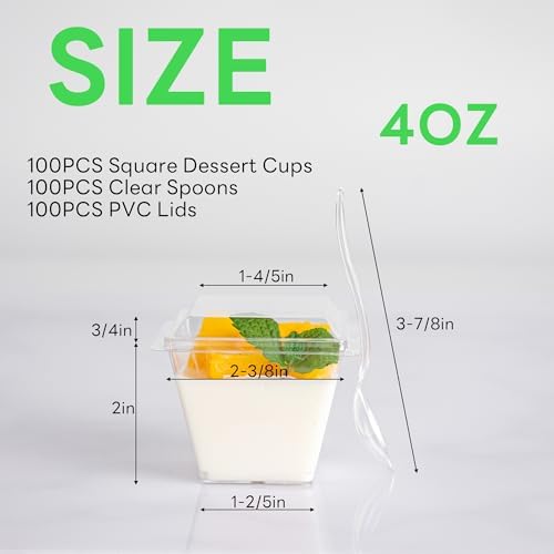 NZVCN 100 Piezas de Vasos Mini de Postre de 4 oz con Cucharas y Tapas, Bowls Transparentes Cuadrados para Aperitivos en Bodas y Fiestas - imagen 2