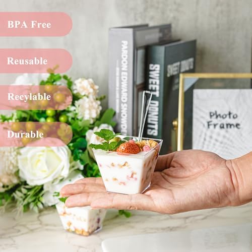 NZVCN 100 Piezas de Vasos Mini de Postre de 4 oz con Cucharas y Tapas, Bowls Transparentes Cuadrados para Aperitivos en Bodas y Fiestas - imagen 3