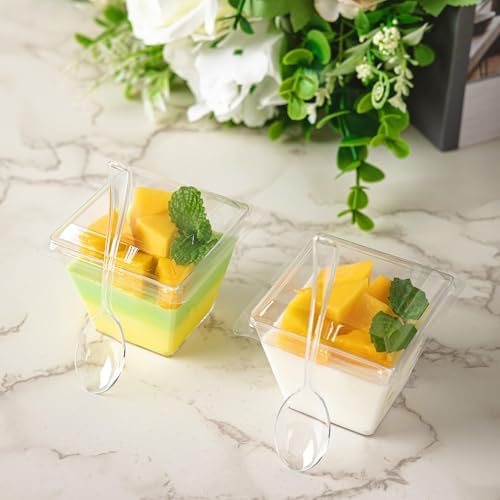 NZVCN 100 Piezas de Vasos Mini de Postre de 4 oz con Cucharas y Tapas, Bowls Transparentes Cuadrados para Aperitivos en Bodas y Fiestas - imagen 5