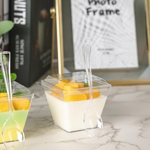 NZVCN 100 Piezas de Vasos Mini de Postre de 4 oz con Cucharas y Tapas, Bowls Transparentes Cuadrados para Aperitivos en Bodas y Fiestas - imagen 6