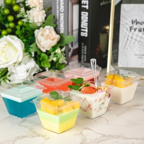 NZVCN 100 Piezas de Vasos Mini de Postre de 4 oz con Cucharas y Tapas, Bowls Transparentes Cuadrados para Aperitivos en Bodas y Fiestas - imagen 7