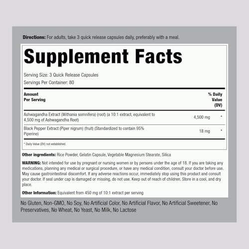 Suplemento de Ashwagandha Piping Rock | 240 Cápsulas | Pastillas para Hombres y Mujeres | Con Extracto de Pimienta Negra | Hierba Raíz de Fuerza - imagen 2