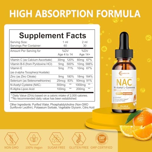 Gotas Líquidas de NAC Hywebvctok 1000 MG, Suplemento de N-Acetil Cisteína con R-Ácido Lipoico, Apoyo Inmunológico y Antioxidante, Sabor Naranja, 0 - imagen 2