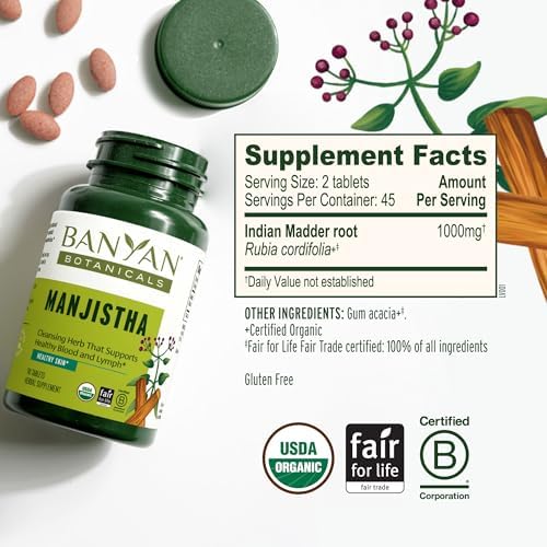 Banyan Botanicals Manjistha Orgánico – Suplemento Natural para la Piel y Drenaje Linfático – Limpieza de Sangre de Raíz Roja – 90 Tabletas – Orgánico - imagen 5