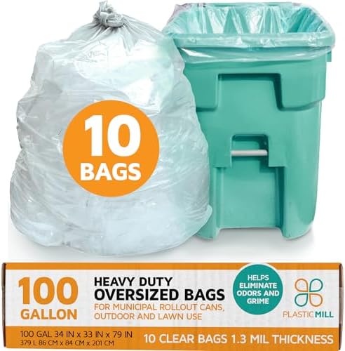 Bolsas de Basura Resistentes PlasticMill - Transparentes para Botes de Basura Grandes - 100 Galones, 1.3 Mil, 67x79 (Paquete de 10) - imagen 1