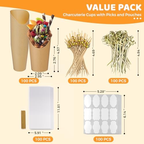 Juego de 600 Tazas para Charcutería con Palitos, 100 Tazas Desechables de 12 oz para Papas Fritas, Incluye 100 Bolsas, 100 Cintas, 100 Etiquetas y - imagen 2