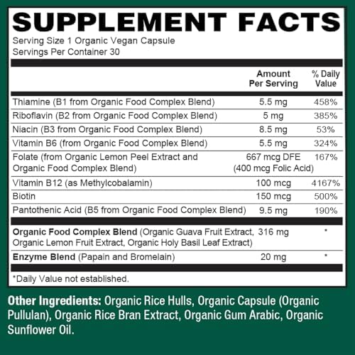 PlantFusion Complejo de Vitaminas B Orgánico, Suplemento Vegano de Alimentos Integrales para Energía y Metabolismo, B12 Metilada, Guayaba, Limón y - imagen 5
