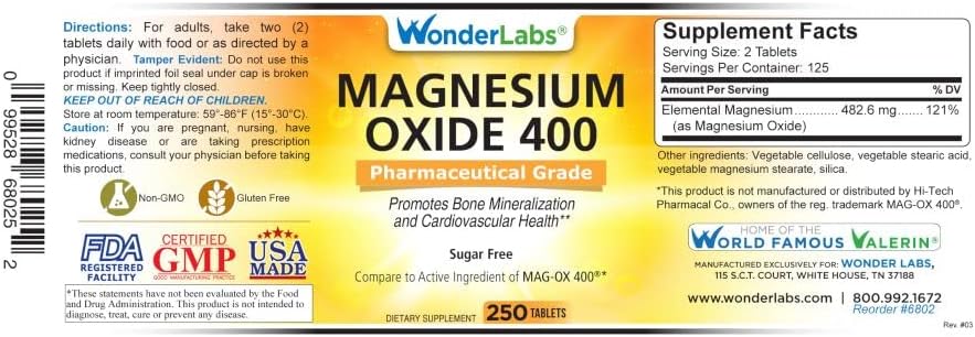 Wonder Labs Óxido de Magnesio 400, 483mg de Óxido de Magnesio Grado Farmacéutico** Compara con MAG-OX 400 ® - 250 Tabletas - imagen 4
