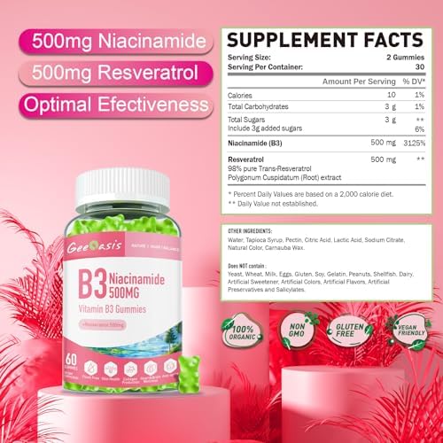 Gomitas de Niacinamida 500mg Geeoasis, Suplemento Vegano de Vitamina B3 con Resveratrol, Sabor Manzana, 60 Unidades para Salud de la Piel y Cerebro - imagen 2