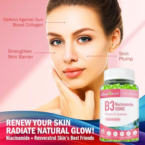 Gomitas de Niacinamida 500mg Geeoasis, Suplemento Vegano de Vitamina B3 con Resveratrol, Sabor Manzana, 60 Unidades para Salud de la Piel y Cerebro - imagen 3