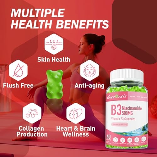 Gomitas de Niacinamida 500mg Geeoasis, Suplemento Vegano de Vitamina B3 con Resveratrol, Sabor Manzana, 60 Unidades para Salud de la Piel y Cerebro - imagen 6