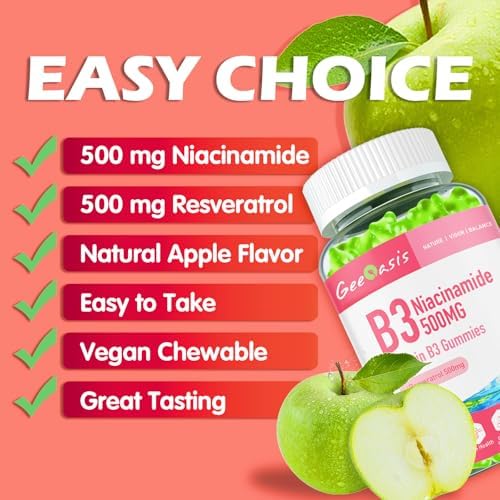 Gomitas de Niacinamida 500mg Geeoasis, Suplemento Vegano de Vitamina B3 con Resveratrol, Sabor Manzana, 60 Unidades para Salud de la Piel y Cerebro - imagen 7