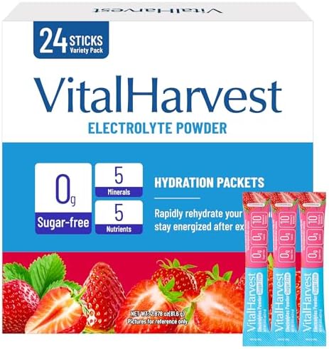 VitalHarvest 24 Paquetes de Polvo de Electrolitos Sin Azúcar, 7 Sabores, Hidratación, Mezcla de Bebida Líquida, Bajo en Sodio, Fresa - imagen 1