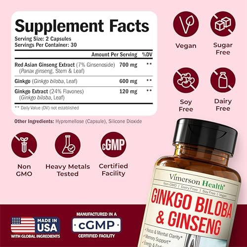 Suplementos de Ginseng Asiático y Ginkgo Biloba – Extracto de Ginseng Panax 700mg + Ginkgo Biloba 720mg – Suplemento Nootrópico para Memoria, - imagen 3