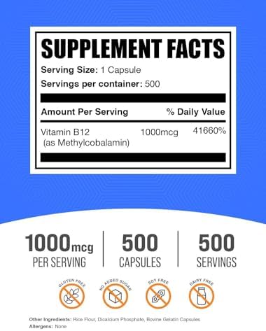 Cápsulas de Vitamina B12 Methylcobalamina BulkSupplements.com - Suplemento de B12 1000mcg para Energía, Libre de Gluten, 500 Cápsulas - imagen 2