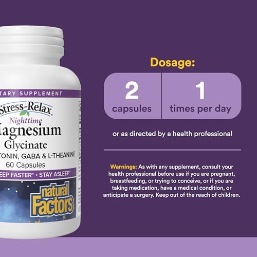 Natural Factors Stress-Relax Magnesio Glycinate Nocturno - Magnesio Bien Absorbido con L-Theanina, Melatonina y PharmaGABA para Sueño Reparador - 60 - imagen 3