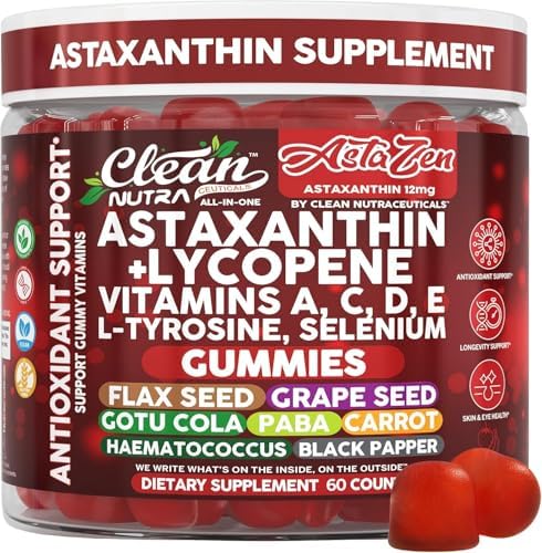 Gomitas AstaZen de Astaxantina 12mg de Clean Nutraceuticals - Con Licopeno, Vitaminas A, C, D, E, L-Tirosina y Selenio - 60 piezas de apoyo - imagen 1