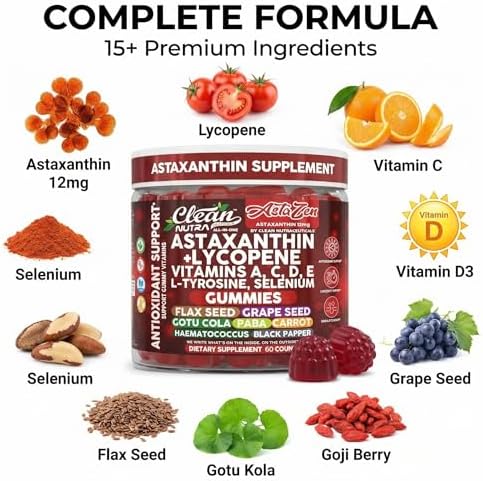 Gomitas AstaZen de Astaxantina 12mg de Clean Nutraceuticals - Con Licopeno, Vitaminas A, C, D, E, L-Tirosina y Selenio - 60 piezas de apoyo - imagen 4