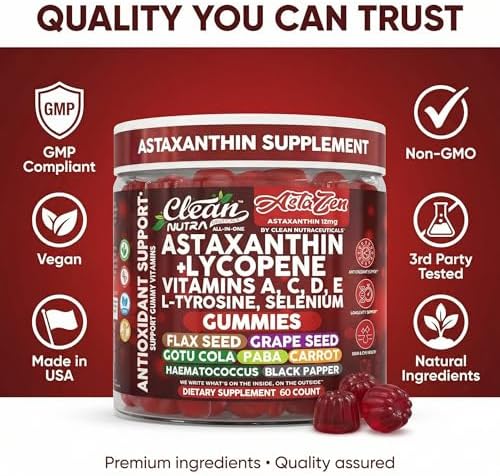 Gomitas AstaZen de Astaxantina 12mg de Clean Nutraceuticals - Con Licopeno, Vitaminas A, C, D, E, L-Tirosina y Selenio - 60 piezas de apoyo - imagen 8