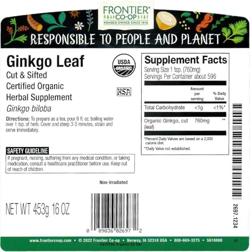 Hoja de Ginkgo Orgánica Frontier Co-op, Bolsa a Granel de 1 lb, Cortada y Tamizada | Hoja de Ginkgo Biloba Secada | Ideal para Té y Usos Herbales, - imagen 2