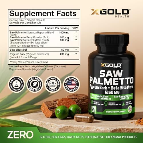 X Gold Health Complejo de Saw Palmetto para Hombres 1250mg – Soporte Prostático y Urinario con Beta Sitosterol y Corteza de Pygeum – Bloqueador de - imagen 2