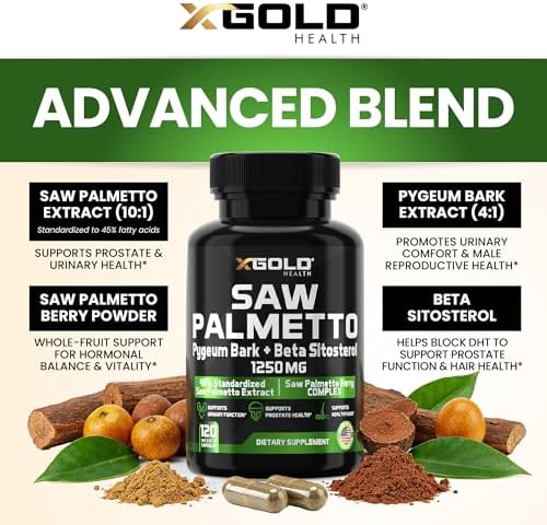 X Gold Health Complejo de Saw Palmetto para Hombres 1250mg – Soporte Prostático y Urinario con Beta Sitosterol y Corteza de Pygeum – Bloqueador de - imagen 3