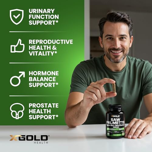 X Gold Health Complejo de Saw Palmetto para Hombres 1250mg – Soporte Prostático y Urinario con Beta Sitosterol y Corteza de Pygeum – Bloqueador de - imagen 4