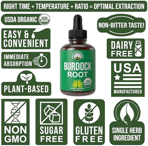 Suplemento Líquido de Raíz de Bardana Orgánica USDA Peak Performance - Extracto Vegano en Tintura para Hombres y Mujeres - Sin Azúcar, Libre de - imagen 7
