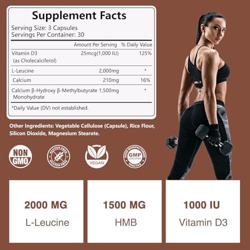 Suplemento HFELIZ HMB y Leucina, 3500mg L-Leucina HMB con Vitamina D3, Aminoácidos BCAA para Hombres, Vegano, Sin Gluten, 90 Cápsulas - imagen 2