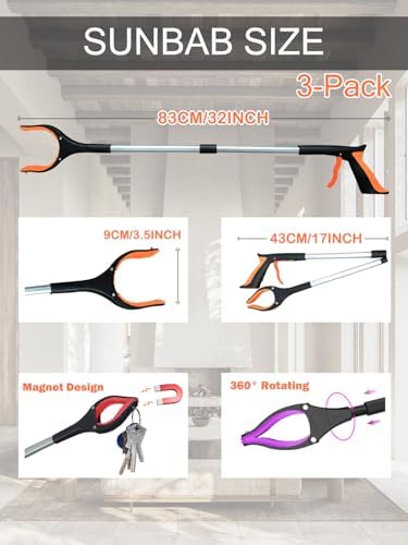 Juego de 3 Agarradores de 32 Pulgadas, Bastón Plegable con Fuerte Agarre, Mandíbulas Antideslizantes y Magnéticas, Recogedor de Basura, Livianos - imagen 2