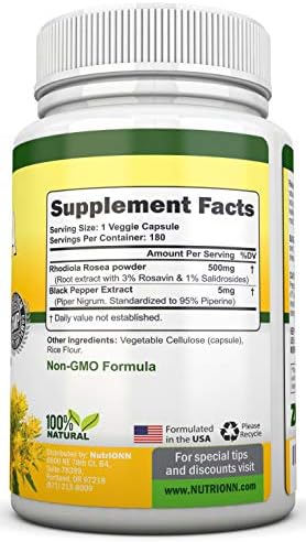 NutriONN Rhodiola Rosea 500mg - 180 Cápsulas Veganas - Extracto 3% Rosavin y 1% Salidroside - No GMO - Con Pimienta Negra para Mejor Absorción - - imagen 4