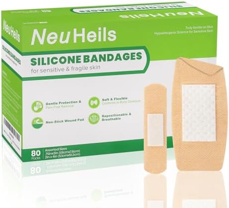 Curitas de Silicón NeuHeils para Piel Sensible - 80 Piezas: 60 Pzs Pequeñas (0.75x3) y 20 Pzs Grandes (2x4) | No Adherentes, Hipoalergénicas, Sin - imagen 1