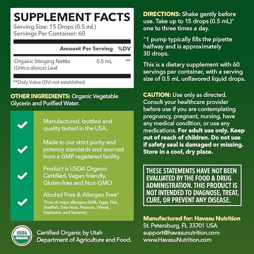 Extracto Líquido de Hoja de Ortiga - Orgánico USDA - Suplemento para Inmunidad y Salud Prostática - 60 Porciones - Vegano, Sin OGM, Sin Gluten - - imagen 2