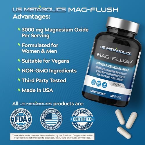 Cápsulas de Óxido de Magnesio US Metabolics Mag Flush 750mg 120 Vcaps - Suplemento de Magnesio para Alivio del Estreñimiento y Limpieza del Colon - imagen 2