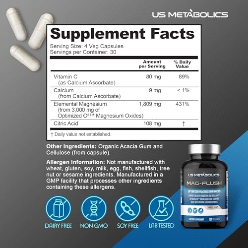 Cápsulas de Óxido de Magnesio US Metabolics Mag Flush 750mg 120 Vcaps - Suplemento de Magnesio para Alivio del Estreñimiento y Limpieza del Colon - imagen 5