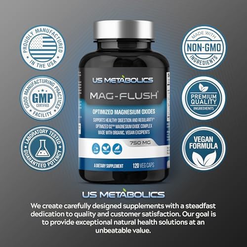 Cápsulas de Óxido de Magnesio US Metabolics Mag Flush 750mg 120 Vcaps - Suplemento de Magnesio para Alivio del Estreñimiento y Limpieza del Colon - imagen 6