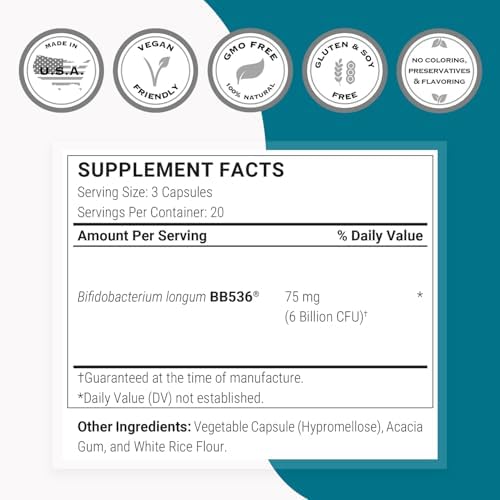 Suplemento de Probióticos y Prebióticos Supersmart Bifidobacterium Longum (BB536) 6 Mil Millones CFU al Día - 60 Cápsulas DR Sin GMO y Sin Gluten - imagen 4