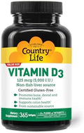 Country Life Vitamina D3 5000 IU – Alta Potencia, Fuente No Pesquera, Apoya la Salud Ósea, Función Inmunológica y Absorción de Calcio – 365 Softgels, - imagen 1