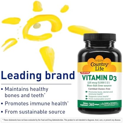 Country Life Vitamina D3 5000 IU – Alta Potencia, Fuente No Pesquera, Apoya la Salud Ósea, Función Inmunológica y Absorción de Calcio – 365 Softgels, - imagen 2