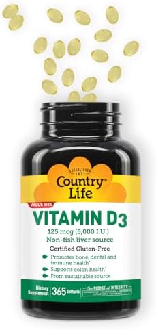 Country Life Vitamina D3 5000 IU – Alta Potencia, Fuente No Pesquera, Apoya la Salud Ósea, Función Inmunológica y Absorción de Calcio – 365 Softgels, - imagen 6