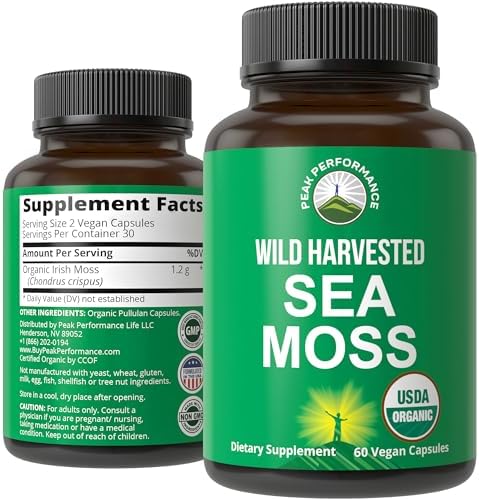 Cápsulas de Musgo Marino Orgánico Peak Performance - Suplemento Vegano Crudo de Algas Rojas - Extracto Completo de Musgo Irlandés - Apoyo Digestivo, - imagen 1