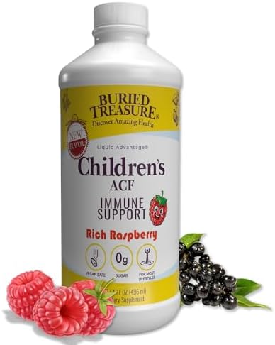 Buried Treasure ACF Líquido de Soporte Inmunológico para Niños – Sabor Frambuesa – 16 oz – Sin Azúcar – Con Elderberry y Equinácea - imagen 1