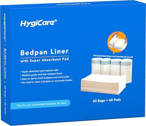 Forro desechable para orinal HygiCare con almohadilla absorbente, 60 bolsas + 60 almohadillas, forros médicos pre-separados, a prueba de fugas, fácil - imagen 1