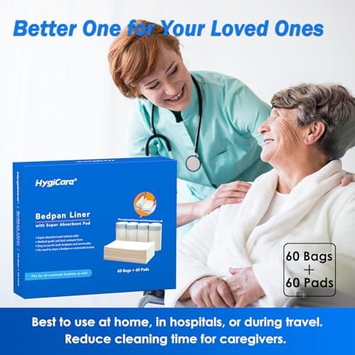 Forro desechable para orinal HygiCare con almohadilla absorbente, 60 bolsas + 60 almohadillas, forros médicos pre-separados, a prueba de fugas, fácil - imagen 2