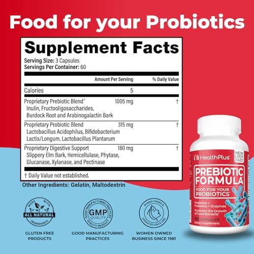 Health Plus Fórmula Prebiótica - Probióticos + Prebióticos + Enzimas Digestivas - Sin Gluten, Sin Lácteos, Ingredientes Herbales Naturales (180 - imagen 2