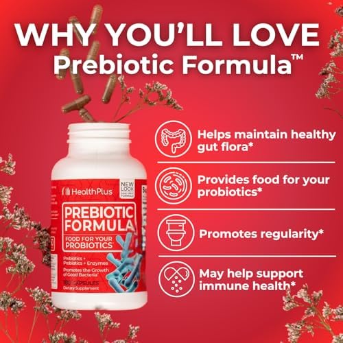 Health Plus Fórmula Prebiótica - Probióticos + Prebióticos + Enzimas Digestivas - Sin Gluten, Sin Lácteos, Ingredientes Herbales Naturales (180 - imagen 3