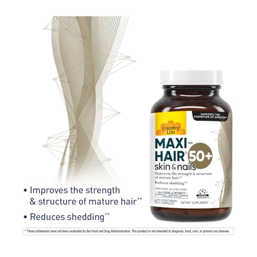 Country Life Maxi-Hair 50+ – Suplemento de Biotina para Cabello, Piel y Uñas para Adultos Mayores de 50 Años | 60 Cápsulas Gluten-Free y Vegetariano - imagen 2