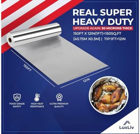 Rollo de Papel Aluminio Resistente de 30 Micrones – 12 pulgadas de ancho x 150 pies de largo, 150 pies cuadrados – Grado BBQ y Extra Grueso, Ideal - imagen 4