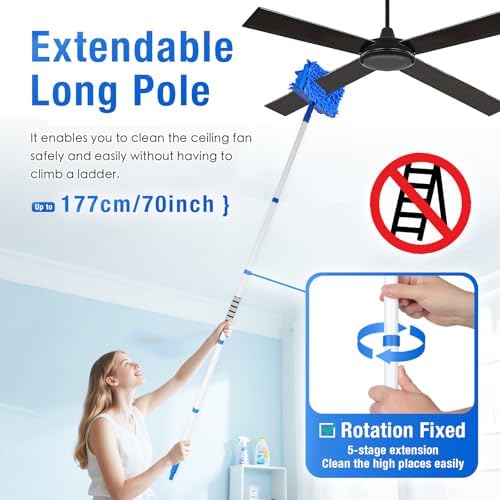 Limpiador de Ventiladores de Techo con Extensión de 72 y 4 Paños Reutilizables, Herramienta Flexible de Microfibra para Limpieza de Aspas, Zócalos, - imagen 2